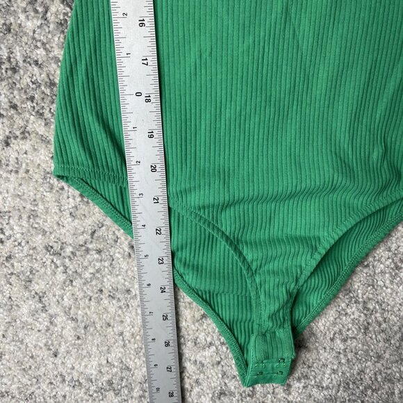 Sézane Bodysuit Womens Small Green Ribbed Short Sleeve Square Neck Stretchy Top - Picture 2 of 6
